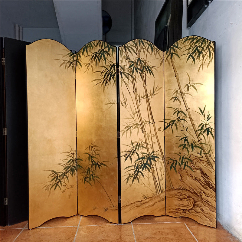 Traditional Chinese Rectangular Solid Wood Plywood Gold Leaf Foldable Hand-Painted Room Divider For Living Room