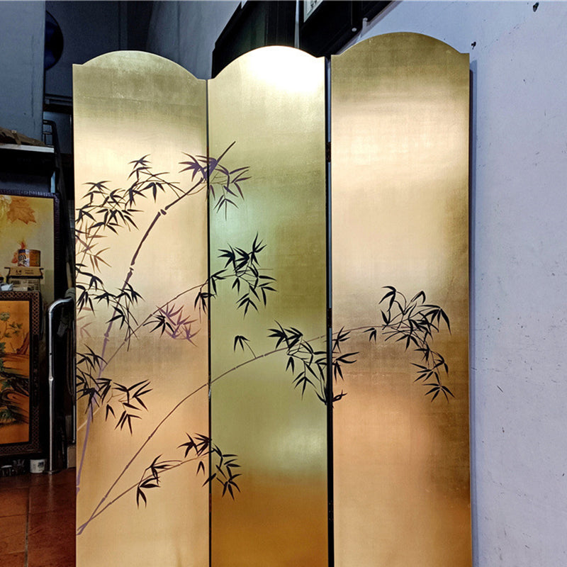 Traditional Chinese Rectangular Solid Wood Plywood Gold Leaf Foldable Hand-Painted Room Divider For Living Room