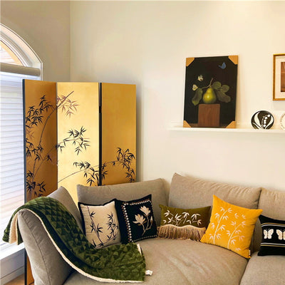 Traditional Chinese Rectangular Solid Wood Plywood Gold Leaf Foldable Hand-Painted Room Divider For Living Room