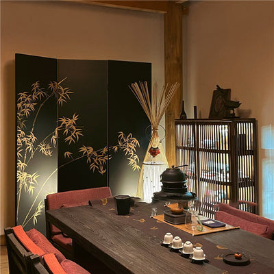 Traditional Chinese Rectangular Solid Wood Plywood Gold Leaf Foldable Hand-Painted Room Divider For Living Room