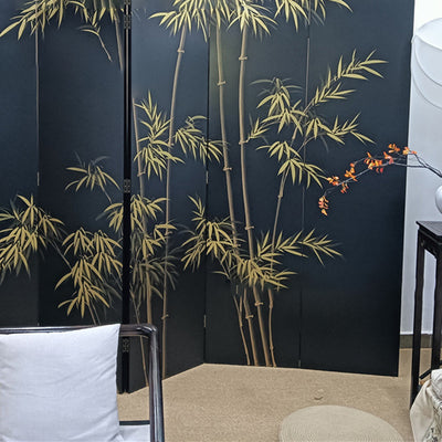 Traditional Chinese Rectangular Solid Wood Plywood Gold Leaf Foldable Hand-Painted Room Divider For Living Room