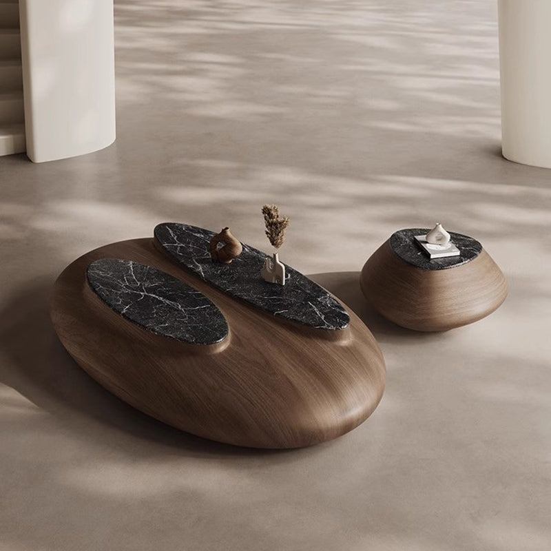 Mesa de café de mármol con panel ecológico de chapa de nogal ovalada japonesa tradicional para sala de estar 