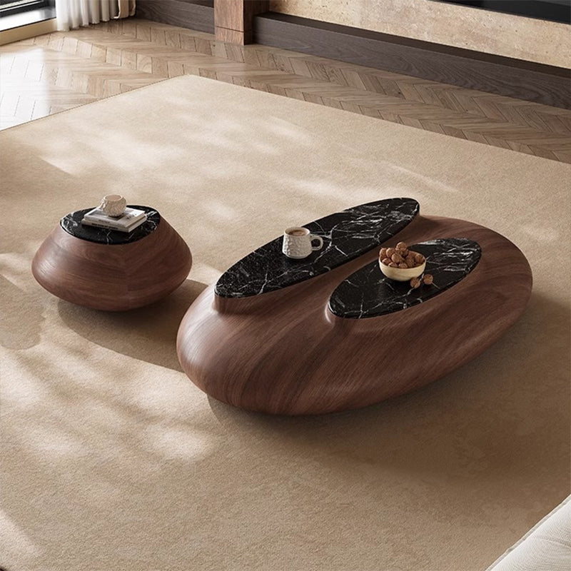 Mesa de café de mármol con panel ecológico de chapa de nogal ovalada japonesa tradicional para sala de estar 