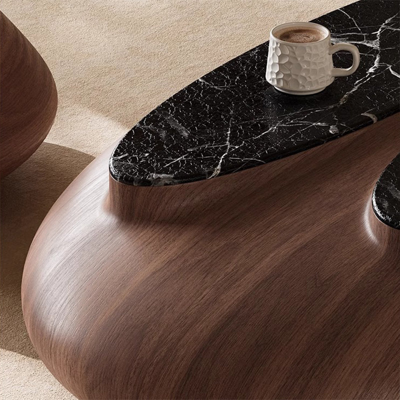 Mesa de café de mármol con panel ecológico de chapa de nogal ovalada japonesa tradicional para sala de estar 