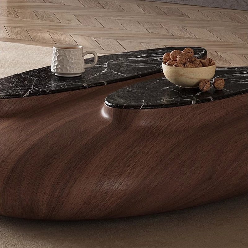 Mesa de café de mármol con panel ecológico de chapa de nogal ovalada japonesa tradicional para sala de estar 