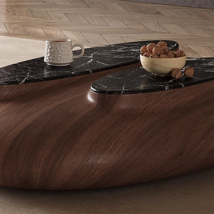 Mesa de café de mármol con panel ecológico de chapa de nogal ovalada japonesa tradicional para sala de estar 