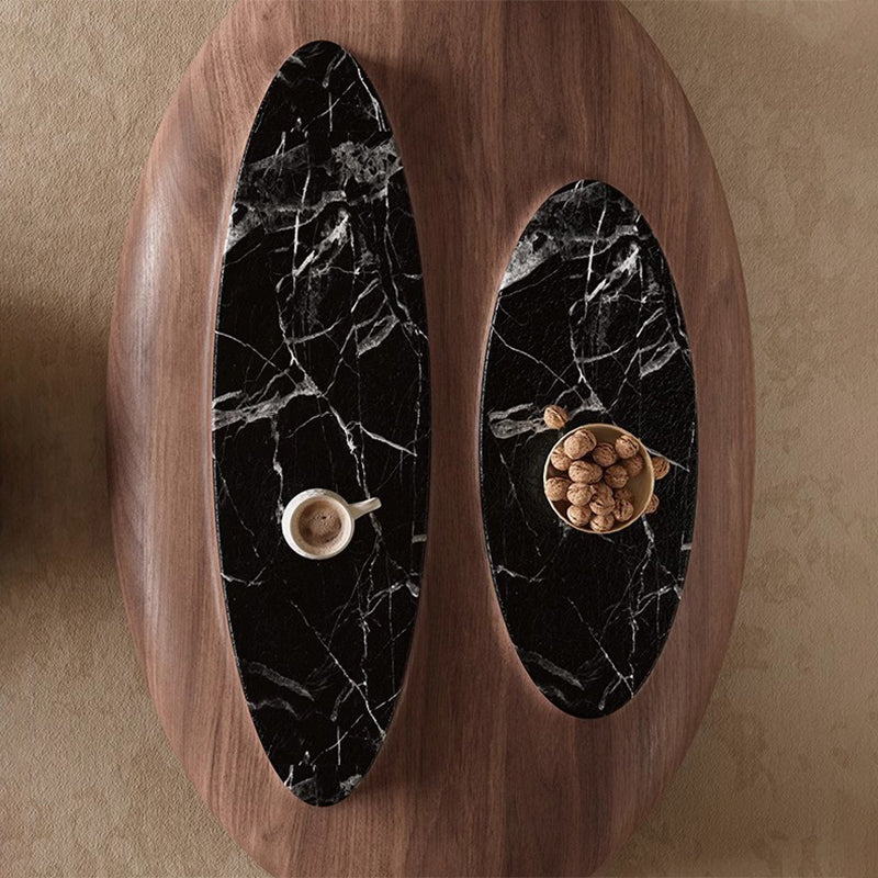 Mesa de café de mármol con panel ecológico de chapa de nogal ovalada japonesa tradicional para sala de estar 
