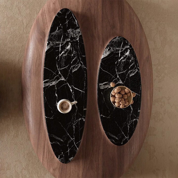 Mesa de café de mármol con panel ecológico de chapa de nogal ovalada japonesa tradicional para sala de estar 