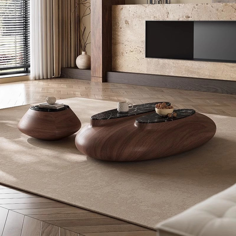 Mesa de café de mármol con panel ecológico de chapa de nogal ovalada japonesa tradicional para sala de estar 