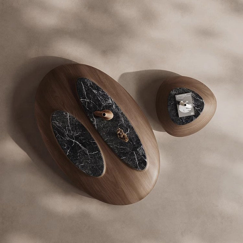 Mesa de café de mármol con panel ecológico de chapa de nogal ovalada japonesa tradicional para sala de estar 