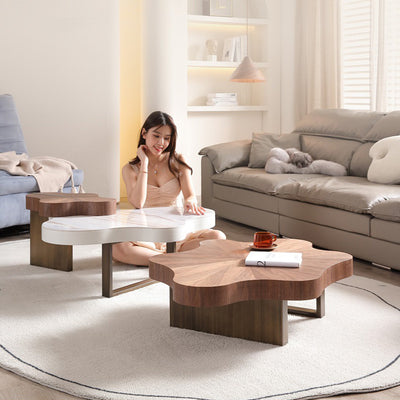 Contemporary Creative Wavy Stone Slab Medium-Density Fiberboard Combination Coffee Table For Living Room