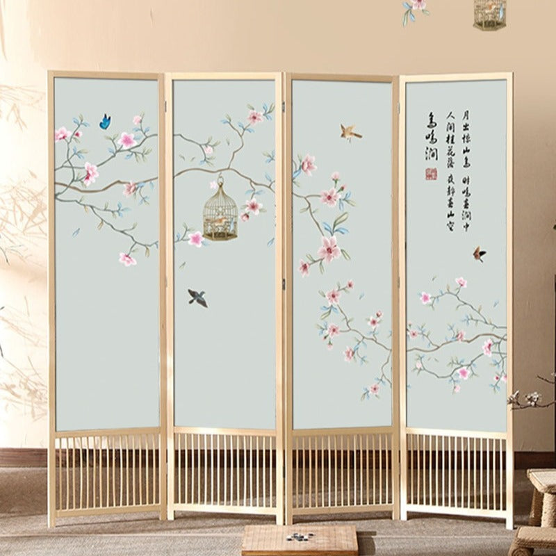 Traditional Chinese Rectangular Solid Pine Wood PVC Panel Foldable Room Divider For Living Room
