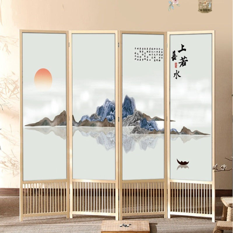 Klassischer faltbarer Raumteiler mit rechteckigem Rahmen aus Kiefernholz und PVC-Paneelen im chinesischen Stil für das Wohnzimmer 