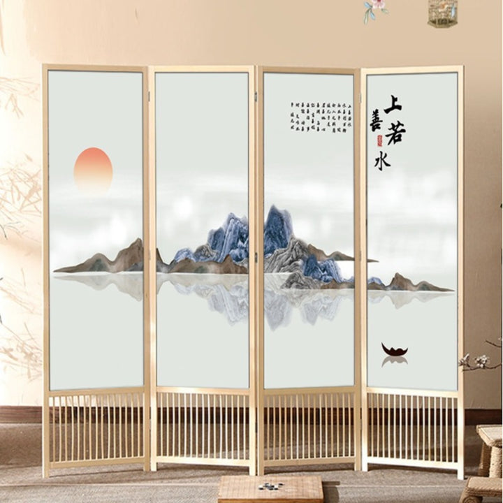Klassischer faltbarer Raumteiler mit rechteckigem Rahmen aus Kiefernholz und PVC-Paneelen im chinesischen Stil für das Wohnzimmer 
