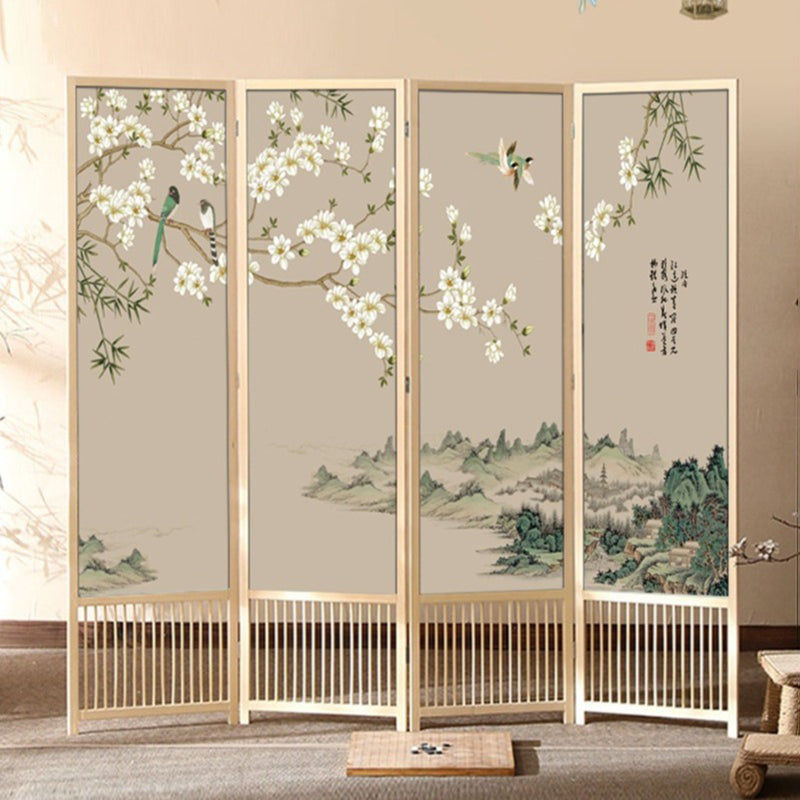 Klassischer faltbarer Raumteiler mit rechteckigem Rahmen aus Kiefernholz und PVC-Paneelen im chinesischen Stil für das Wohnzimmer 