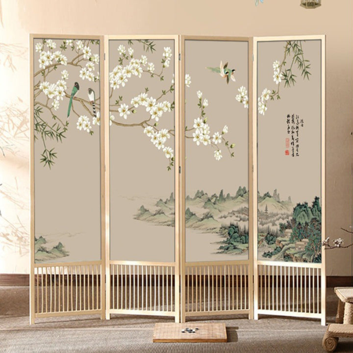 Klassischer faltbarer Raumteiler mit rechteckigem Rahmen aus Kiefernholz und PVC-Paneelen im chinesischen Stil für das Wohnzimmer 