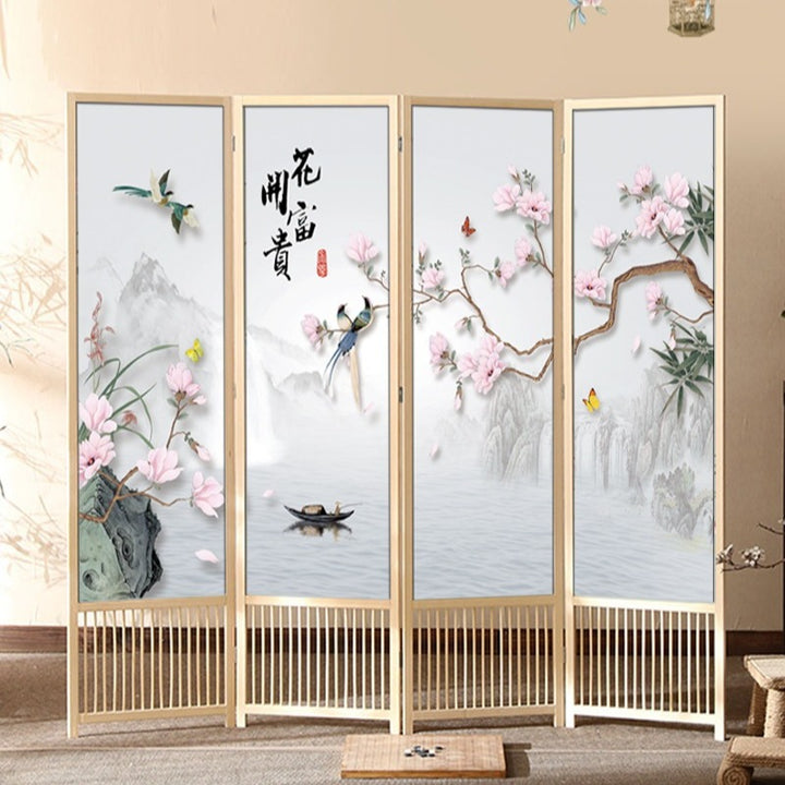 Klassischer faltbarer Raumteiler mit rechteckigem Rahmen aus Kiefernholz und PVC-Paneelen im chinesischen Stil für das Wohnzimmer 