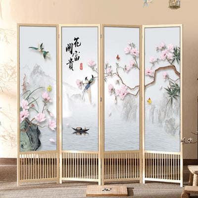 Traditional Chinese Rectangular Solid Pine Wood PVC Panel Foldable Room Divider For Living Room