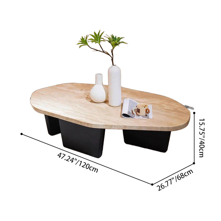 Traditioneller japanischer Couchtisch aus Holz mit unregelmäßig ovaler Steinplatte aus natürlichem Travertin für das Wohnzimmer 