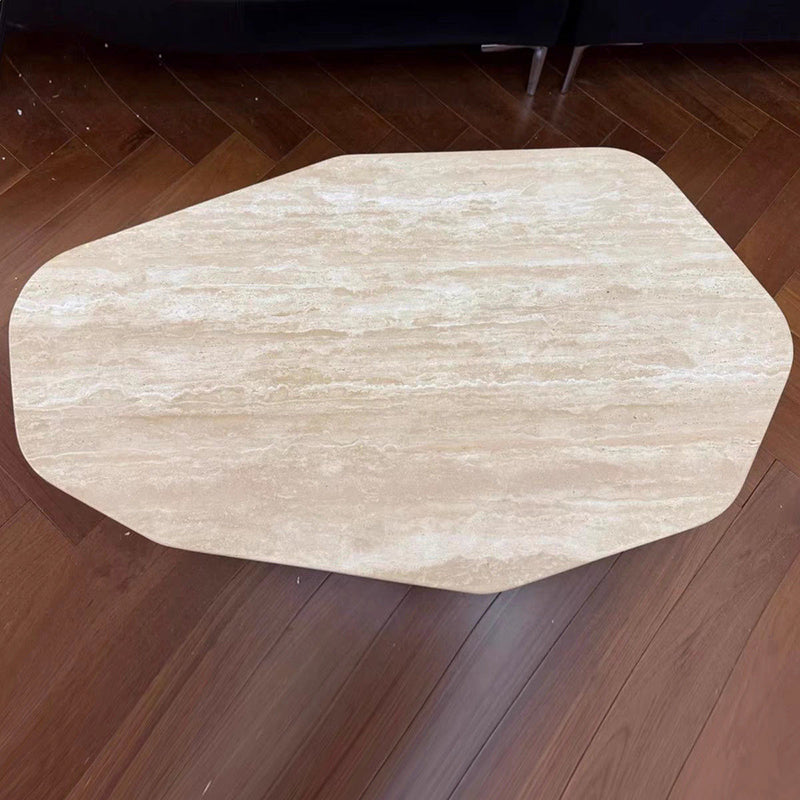 Table basse ovale irrégulière de style japonais traditionnel en travertin naturel et bois massif pour salon 