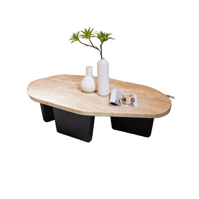 Traditional Japanese Irregular Oval Stone Slab Natural Travertine Solid Wood Coffee Table For Living Room