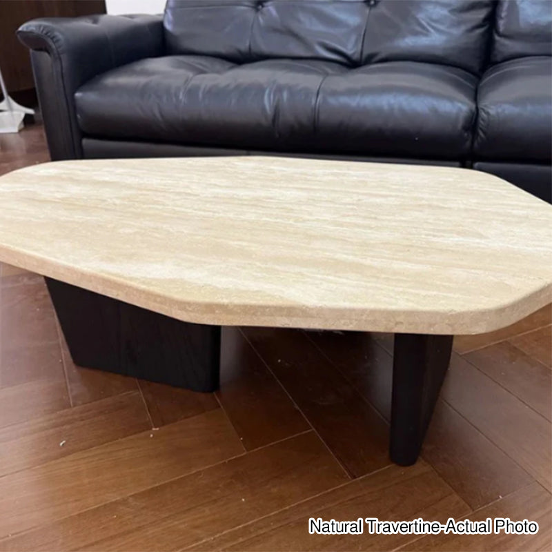 Table basse ovale irrégulière de style japonais traditionnel en travertin naturel et bois massif pour salon 