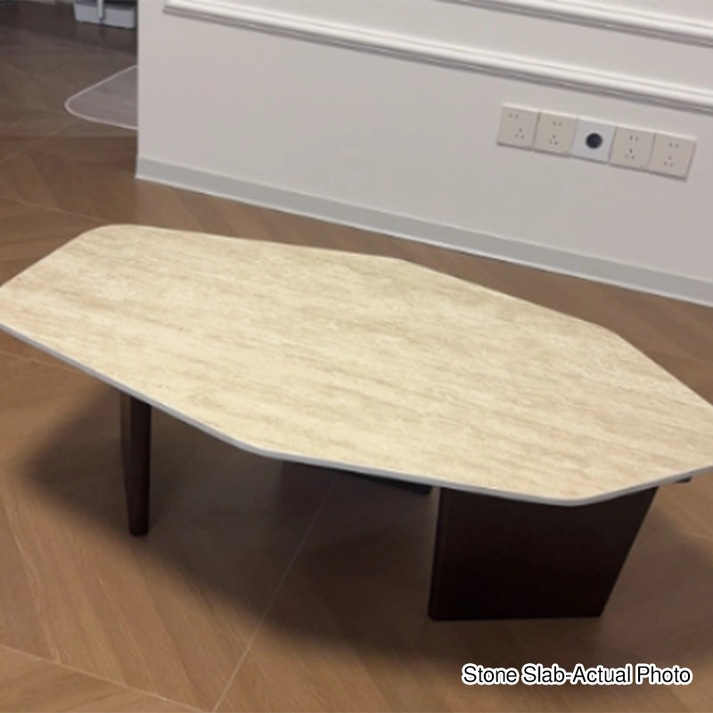 Table basse ovale irrégulière de style japonais traditionnel en travertin naturel et bois massif pour salon 