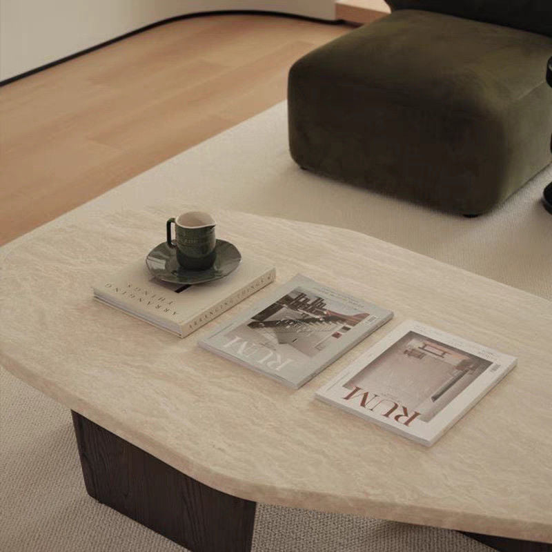 Table basse ovale irrégulière de style japonais traditionnel en travertin naturel et bois massif pour salon 