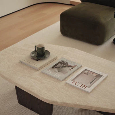 Traditional Japanese Irregular Oval Stone Slab Natural Travertine Solid Wood Coffee Table For Living Room