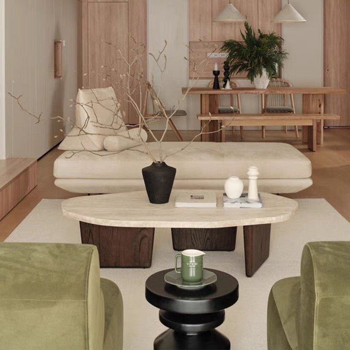 Table basse ovale irrégulière de style japonais traditionnel en travertin naturel et bois massif pour salon 