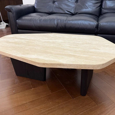 Traditional Japanese Irregular Oval Stone Slab Natural Travertine Solid Wood Coffee Table For Living Room