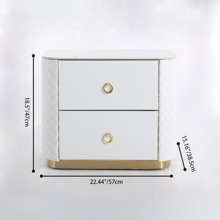 Table de chevet en cuir matelassé de luxe moderne à 2 tiroirs - base dorée et plateau en marbre, table de nuit glamour avec surpiqûres diamant pour chambre à coucher 