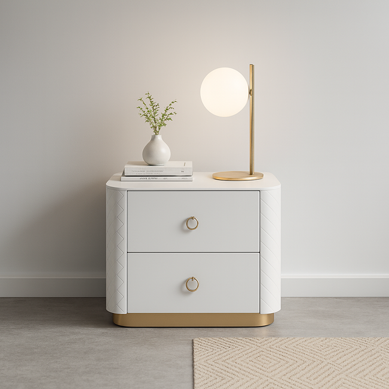 Table de chevet en cuir matelassé de luxe moderne à 2 tiroirs - base dorée et plateau en marbre, table de nuit glamour avec surpiqûres diamant pour chambre à coucher 