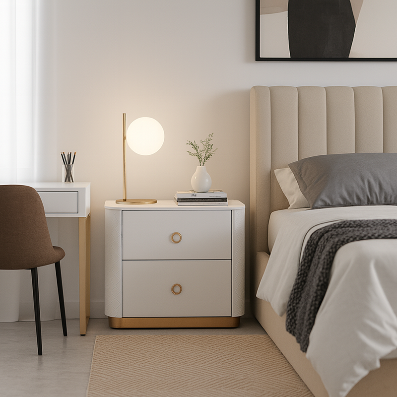 Table de chevet en cuir matelassé de luxe moderne à 2 tiroirs - base dorée et plateau en marbre, table de nuit glamour avec surpiqûres diamant pour chambre à coucher 