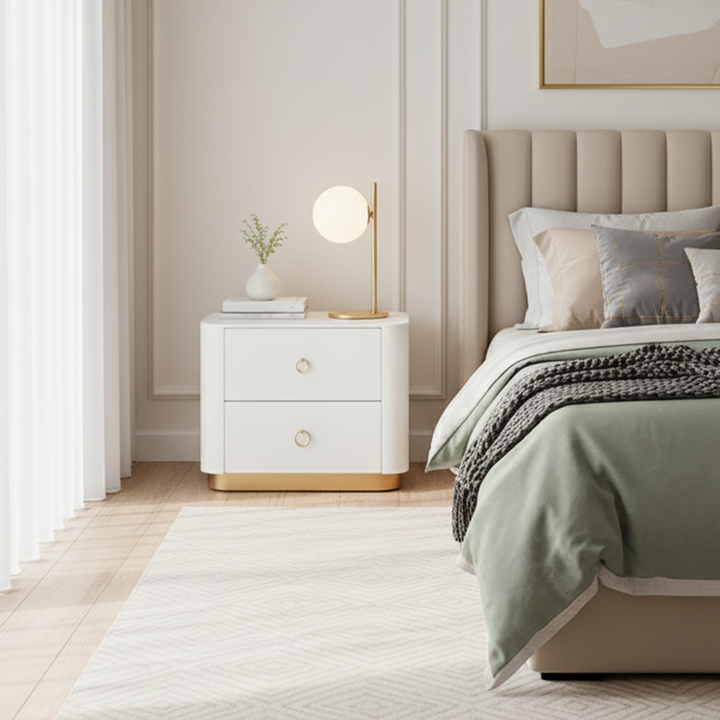 Table de chevet en cuir matelassé de luxe moderne à 2 tiroirs - base dorée et plateau en marbre, table de nuit glamour avec surpiqûres diamant pour chambre à coucher 