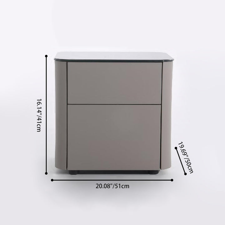 Modern Minimalist 2-Drawer Faux Leather Nightstand - Handleless Design &amp; Black Glass Top Rounded Corner Bedside Table For Bedroom