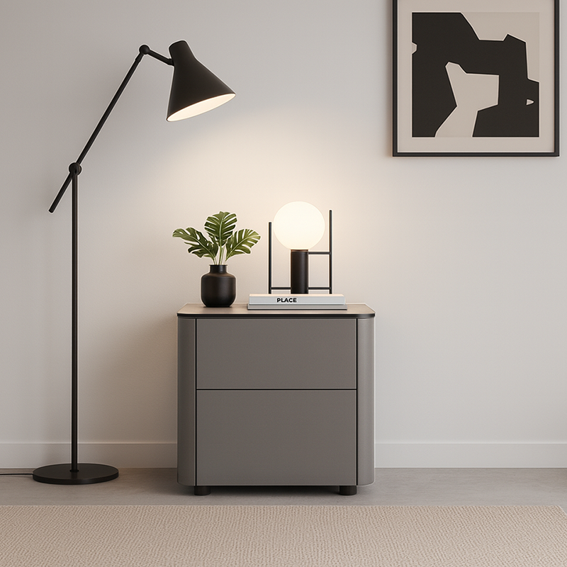 Modern Minimalist 2-Drawer Faux Leather Nightstand - Handleless Design &amp; Black Glass Top Rounded Corner Bedside Table For Bedroom