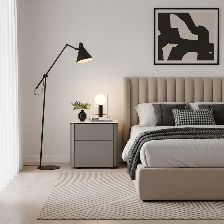 Modern Minimalist 2-Drawer Faux Leather Nightstand - Handleless Design &amp; Black Glass Top Rounded Corner Bedside Table For Bedroom