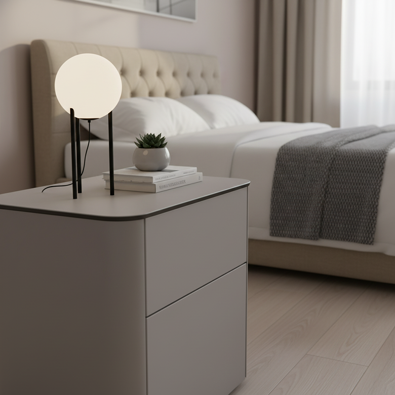 Modern Minimalist 2-Drawer Faux Leather Nightstand - Handleless Design &amp; Black Glass Top Rounded Corner Bedside Table For Bedroom