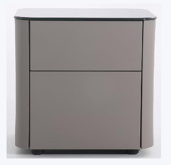 Modern Minimalist 2-Drawer Faux Leather Nightstand - Handleless Design &amp; Black Glass Top Rounded Corner Bedside Table For Bedroom