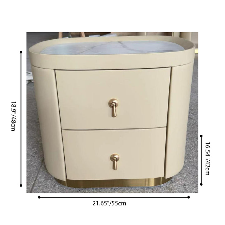 Contemporary Luxury 2-Drawer Oval Faux Leather Nightstand - Marble Top &amp; Brass Pulls Retro Chic Gold Base Bedside Table For Bedroom