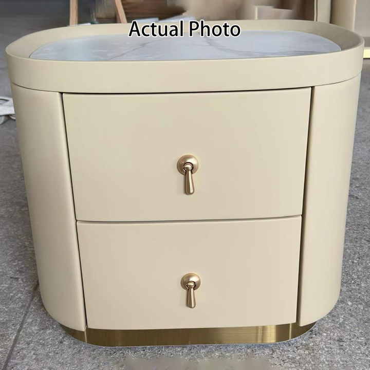 Contemporary Luxury 2-Drawer Oval Faux Leather Nightstand - Marble Top &amp; Brass Pulls Retro Chic Gold Base Bedside Table For Bedroom