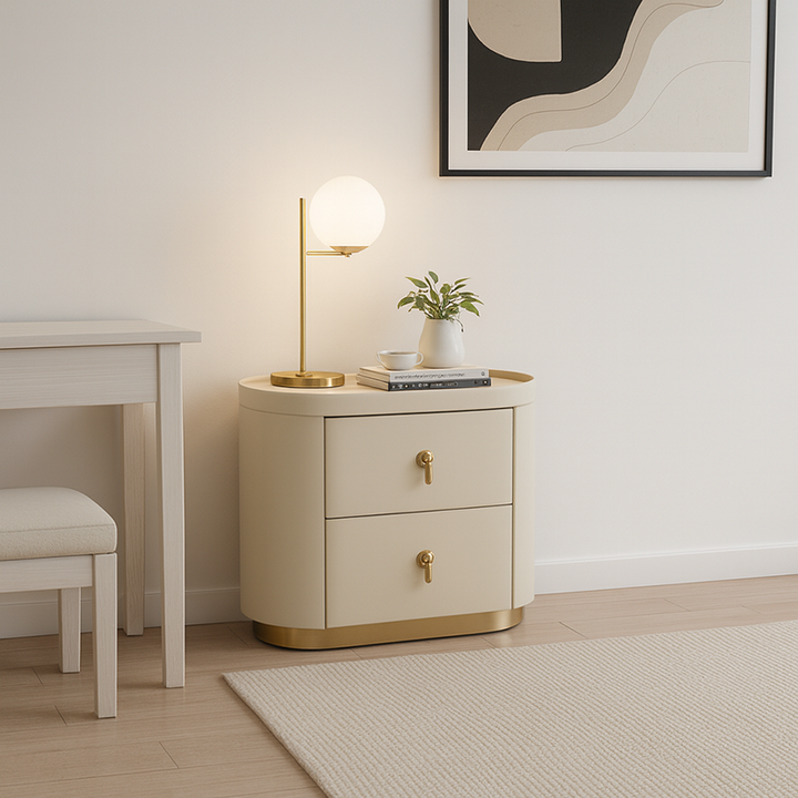 Contemporary Luxury 2-Drawer Oval Faux Leather Nightstand - Marble Top &amp; Brass Pulls Retro Chic Gold Base Bedside Table For Bedroom