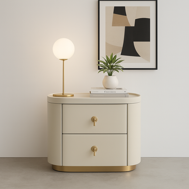 Contemporary Luxury 2-Drawer Oval Faux Leather Nightstand - Marble Top &amp; Brass Pulls Retro Chic Gold Base Bedside Table For Bedroom
