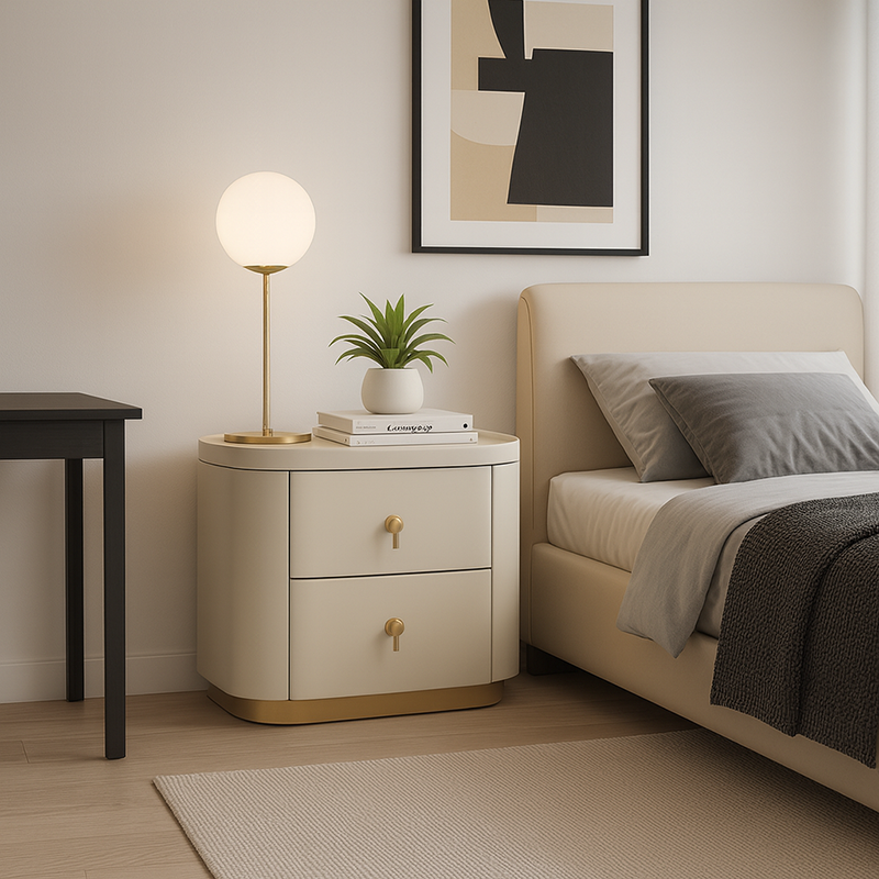 Contemporary Luxury 2-Drawer Oval Faux Leather Nightstand - Marble Top &amp; Brass Pulls Retro Chic Gold Base Bedside Table For Bedroom