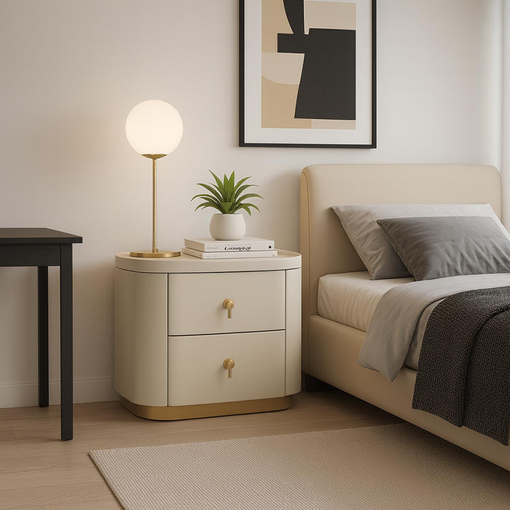Contemporary Luxury 2-Drawer Oval Faux Leather Nightstand - Marble Top &amp; Brass Pulls Retro Chic Gold Base Bedside Table For Bedroom