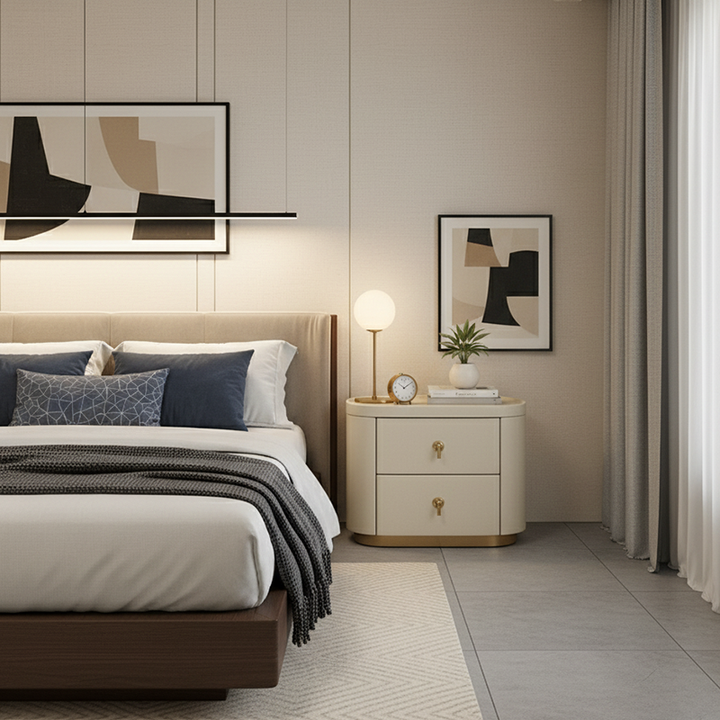 Contemporary Luxury 2-Drawer Oval Faux Leather Nightstand - Marble Top &amp; Brass Pulls Retro Chic Gold Base Bedside Table For Bedroom