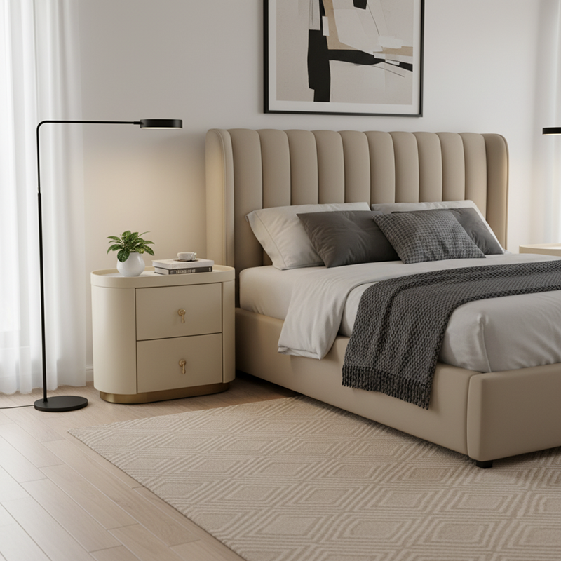 Contemporary Luxury 2-Drawer Oval Faux Leather Nightstand - Marble Top &amp; Brass Pulls Retro Chic Gold Base Bedside Table For Bedroom