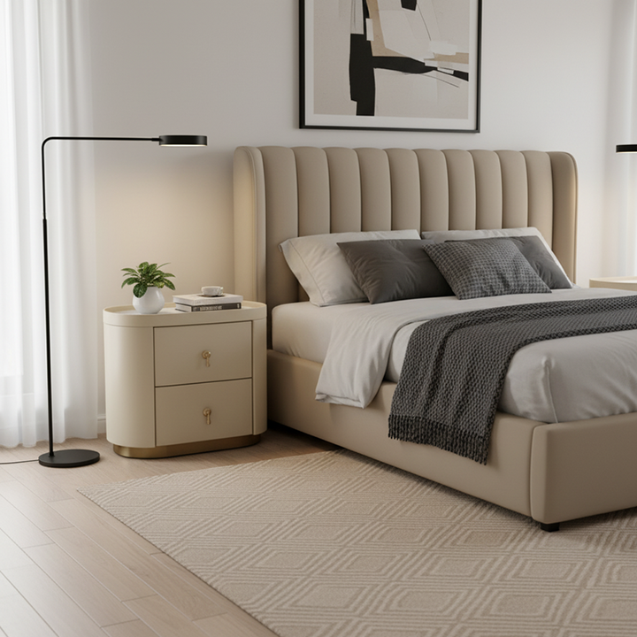 Contemporary Luxury 2-Drawer Oval Faux Leather Nightstand - Marble Top &amp; Brass Pulls Retro Chic Gold Base Bedside Table For Bedroom
