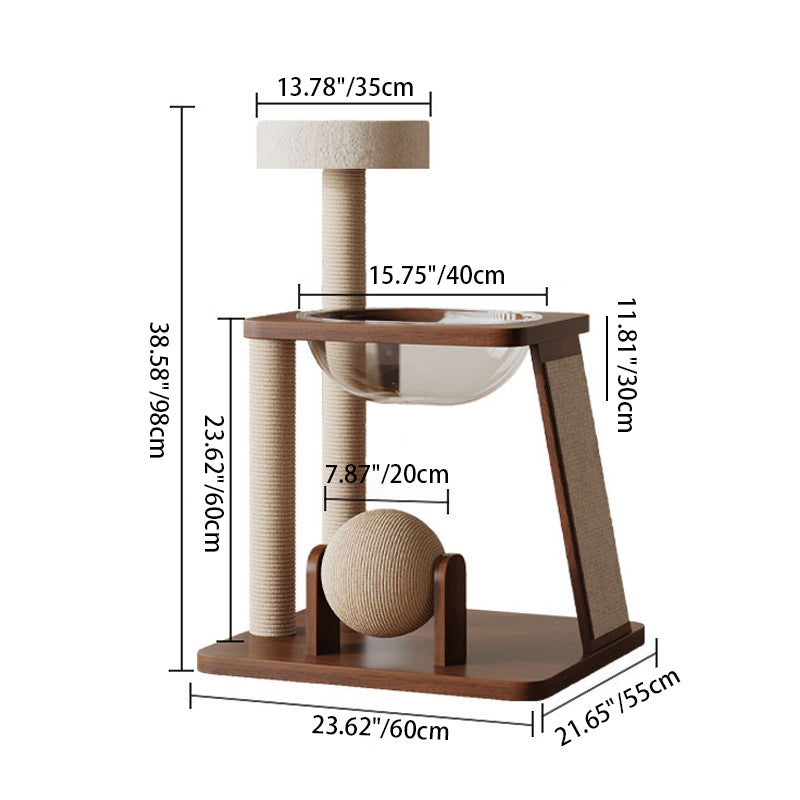 Árbol para gatos contemporáneo escandinavo redondo de madera maciza de caucho acrílico multifuncional para sala de estar 